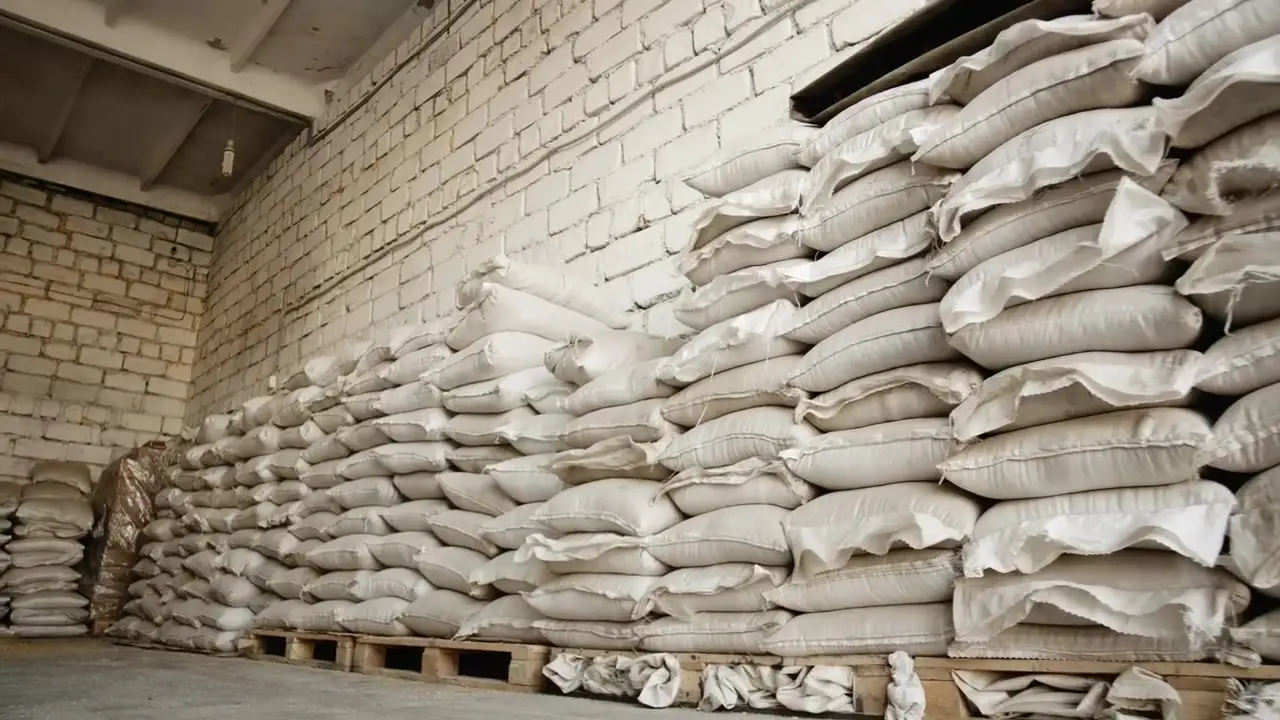 Rows of white PP woven sacks stacked in a warehouse for bulk sugar
